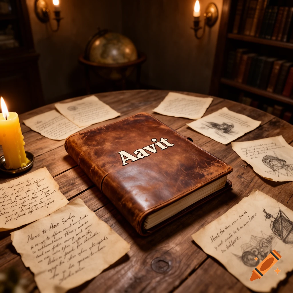 A photorealistic still life of a leather-bound book with 'Aavit' on its cover, surrounded by papers and a lit candle on a wooden table.