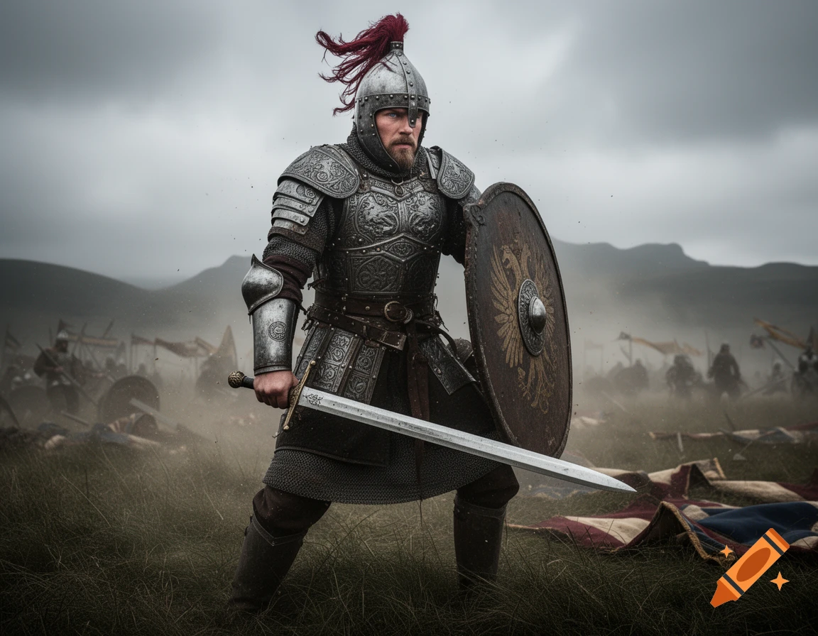 A determined warrior in ornate metal armor and a plumed helmet holds a sword and shield on a misty battlefield.