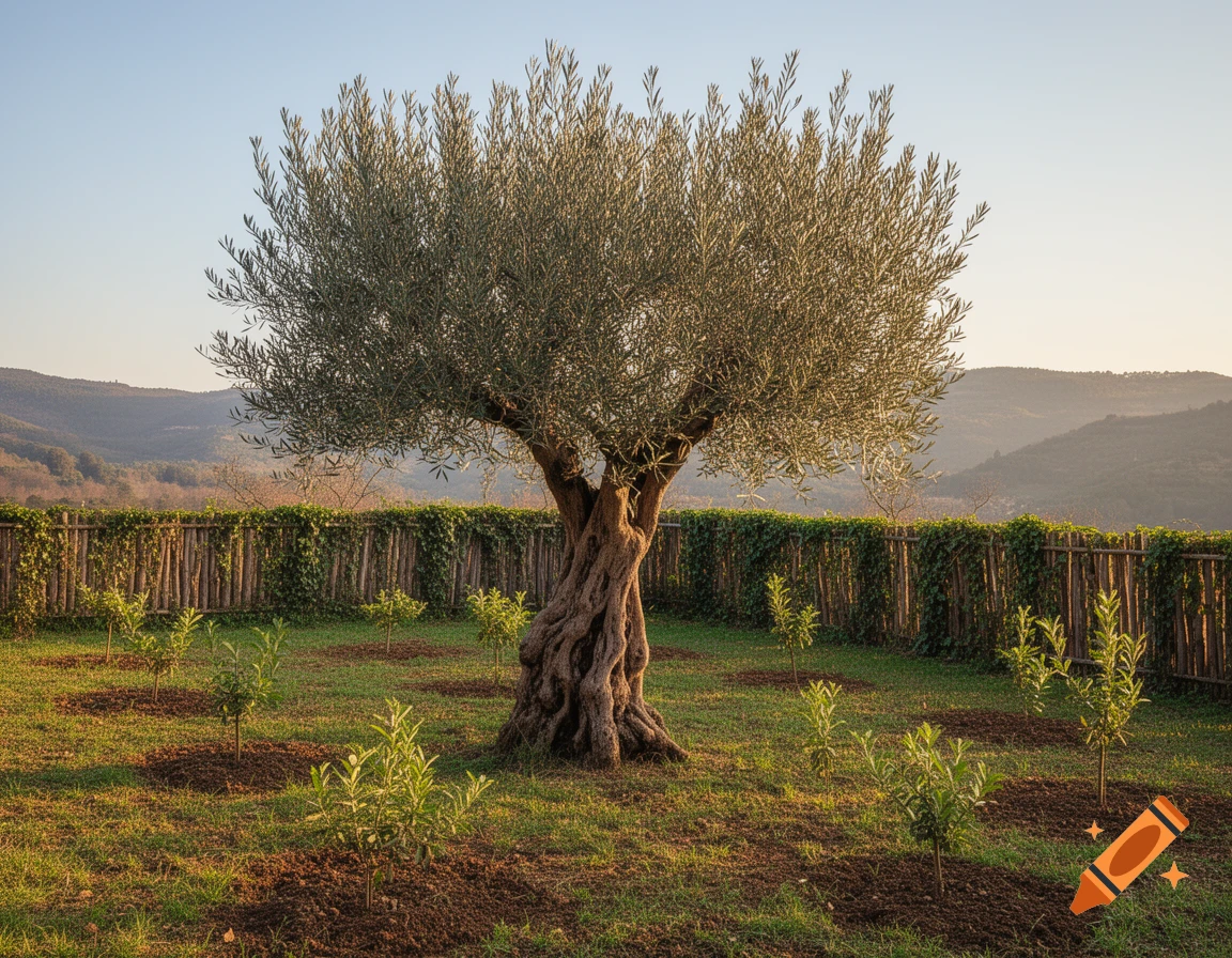 A gnarled olive tree stands prominently in a sunny garden with small saplings, a wooden fence, and distant hills.