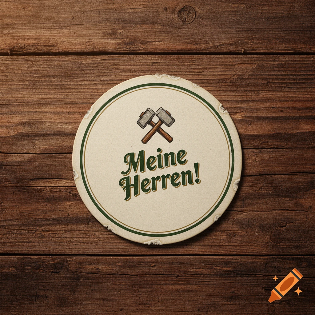 A vintage German beer coaster for 'Meine Herren!' brewery with a crossed hammers symbol, on a rustic wooden table.