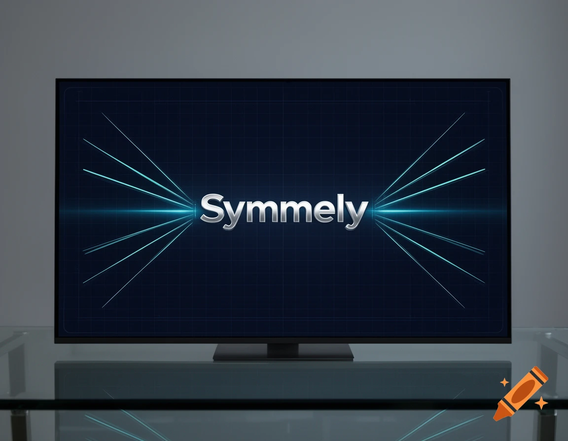 A television screen displays the word 'Symmely' in silver letters with blue light rays on a dark blue grid background, sitting on a glass table.
