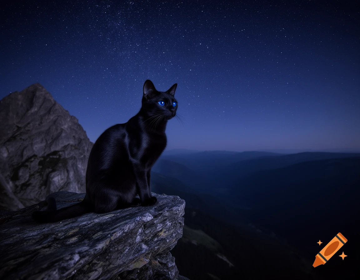 Photorealistic black cat with glowing blue eyes sits on a mountain ledge at night, looking out over distant valleys under a starry sky.