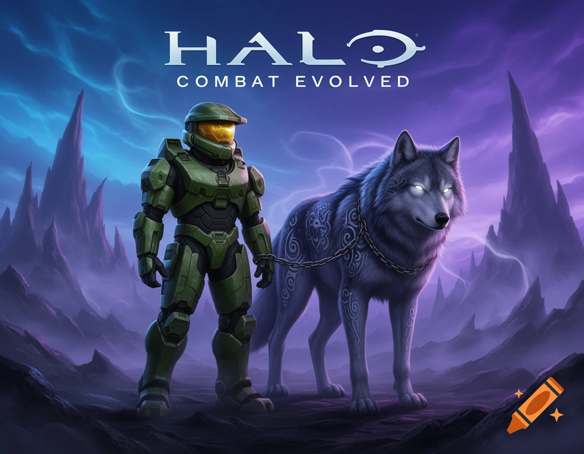 Master Chief and a chained wolf with glowing eyes stand in a mystical purple landscape with the 'Halo Combat Evolved' logo.