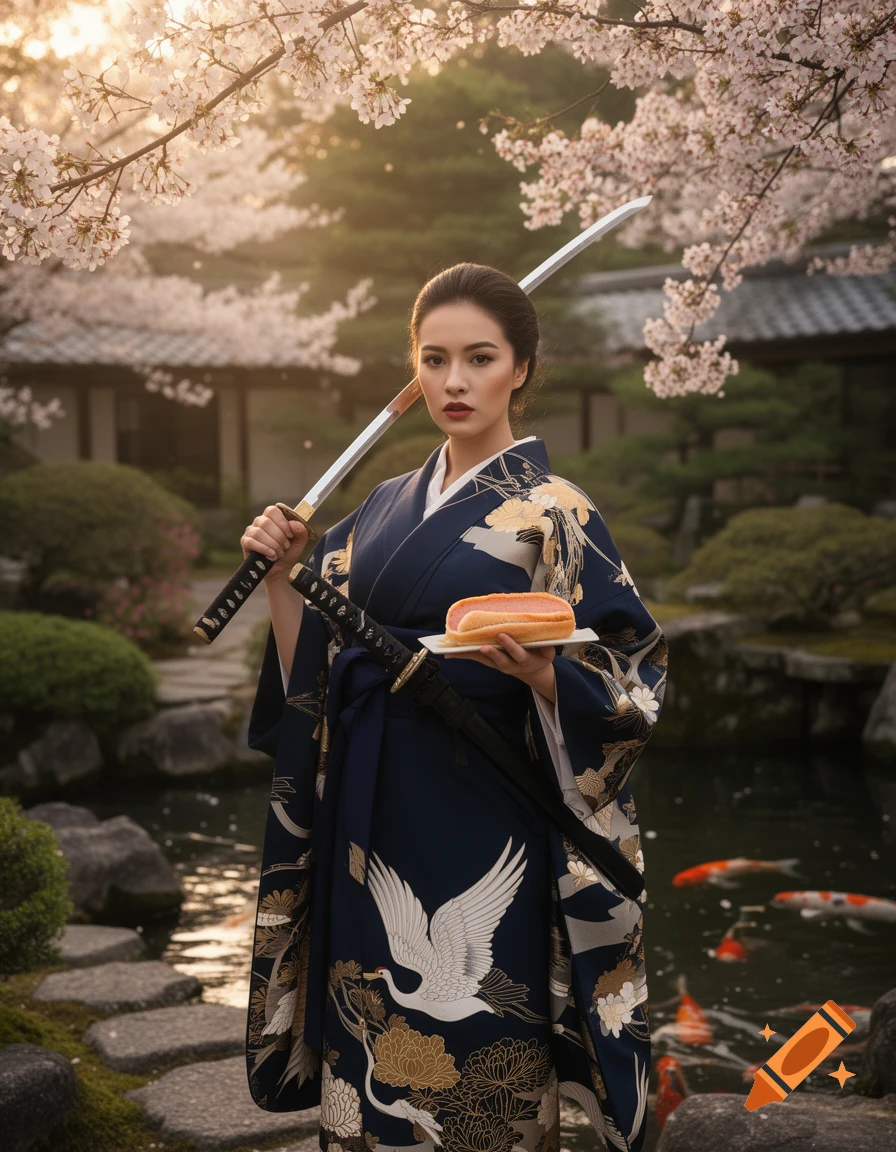 A woman in a traditional blue kimono with a crane pattern stands in a Japanese garden under cherry blossoms, holding a katana and a sausage roll.