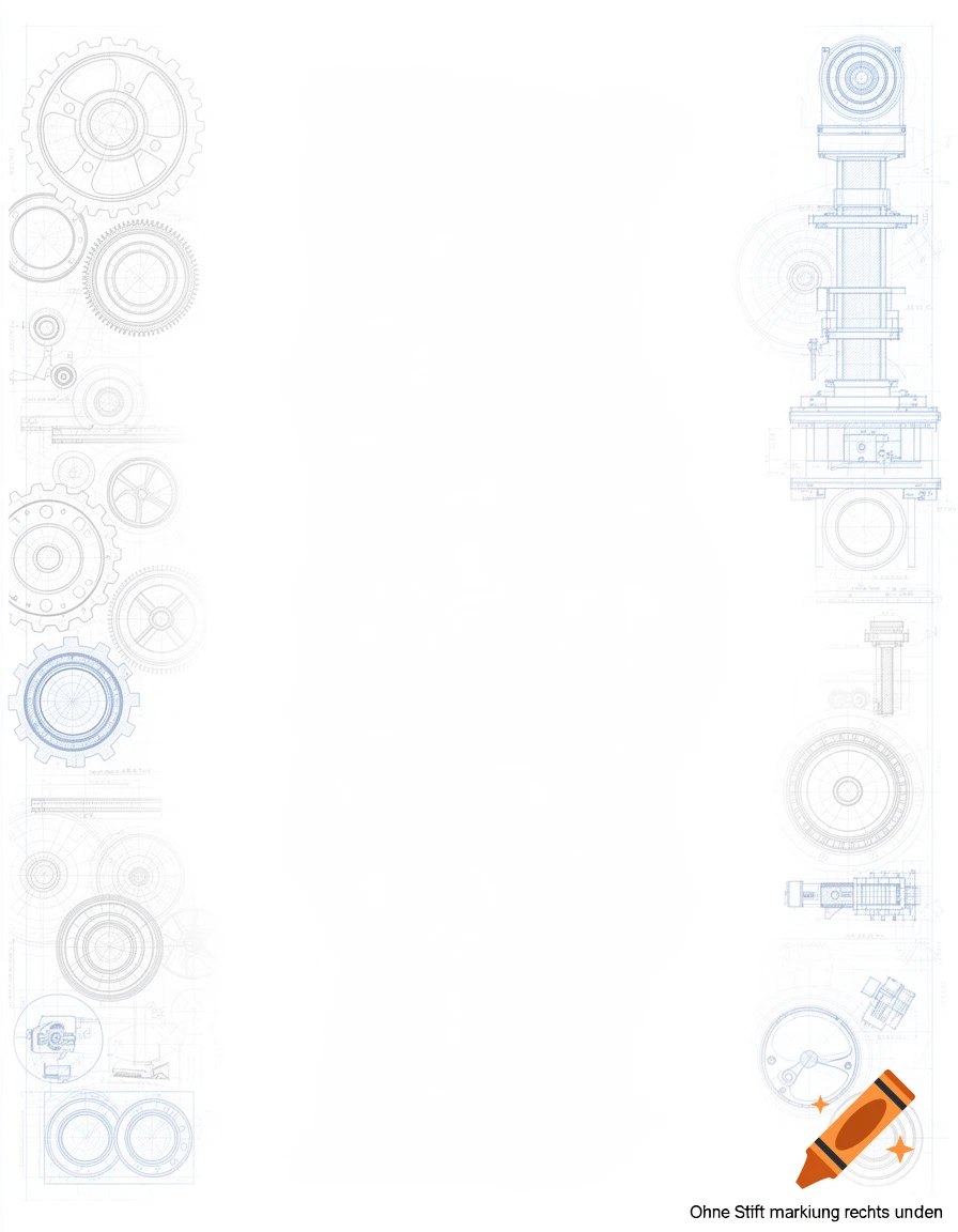 Minimalist white background with subtle blue and gray engineering blueprint elements like gears and machine parts along the left and right margins.