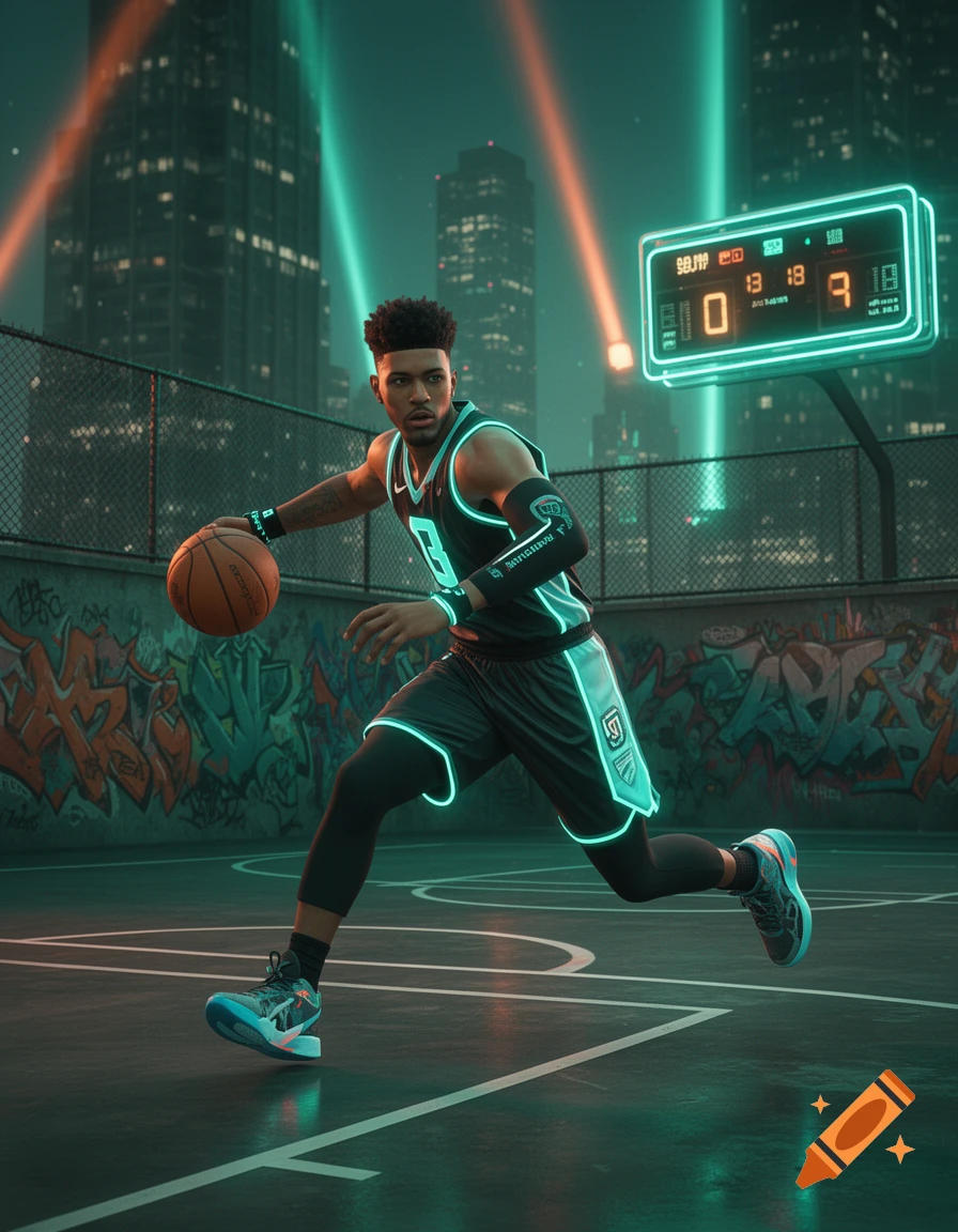 A male basketball player in a neon-lit jersey dribbles a ball on an outdoor court at night, with city buildings and a glowing scoreboard in the background.
