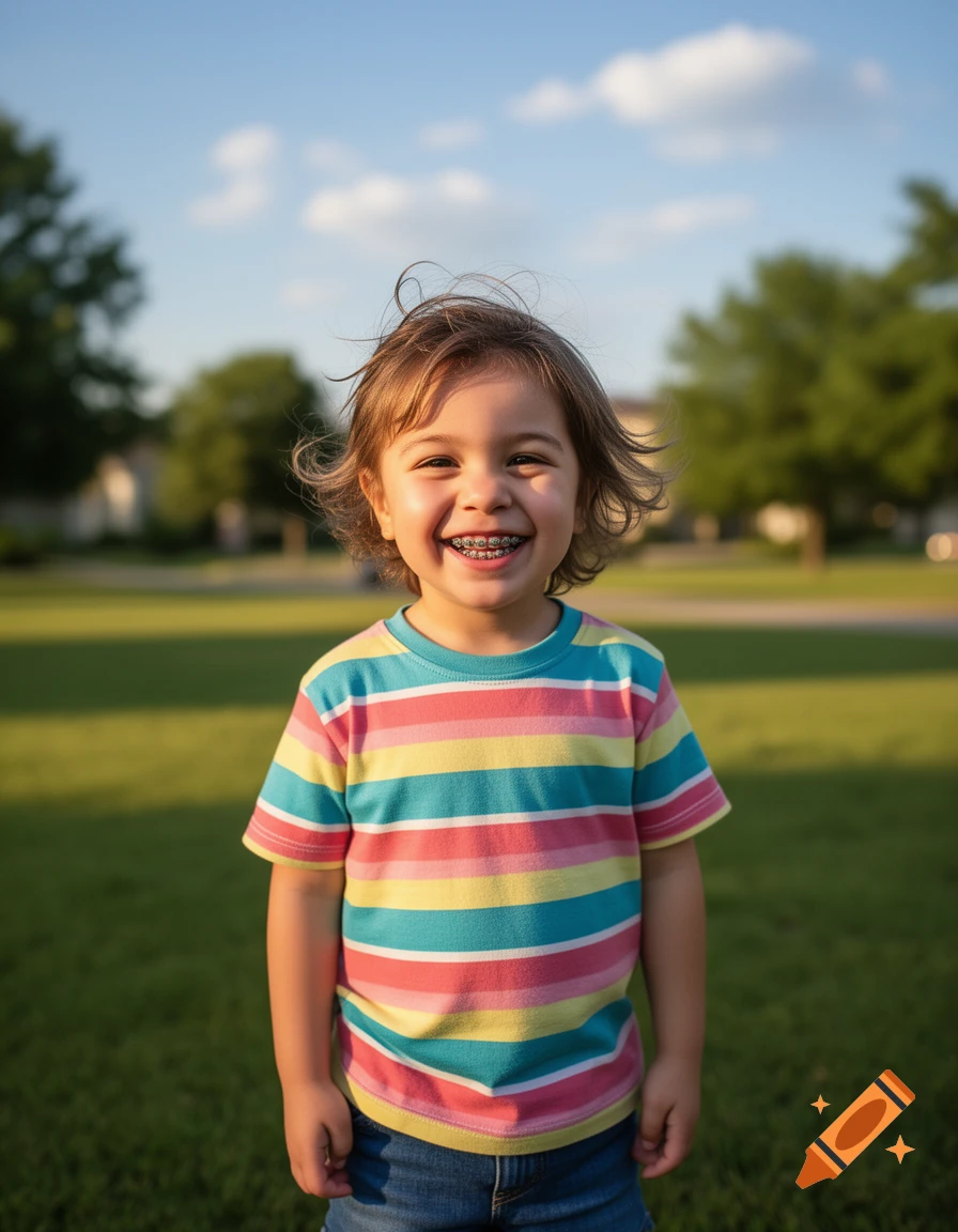 Smiling child with braces wearing a colorful striped shirt in a sunny park.