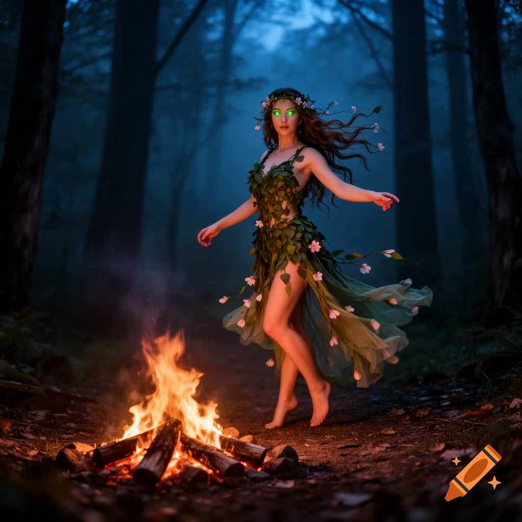 A forest nymph with glowing eyes and a leafy dress dances barefoot by a campfire in a dark, misty forest at twilight.