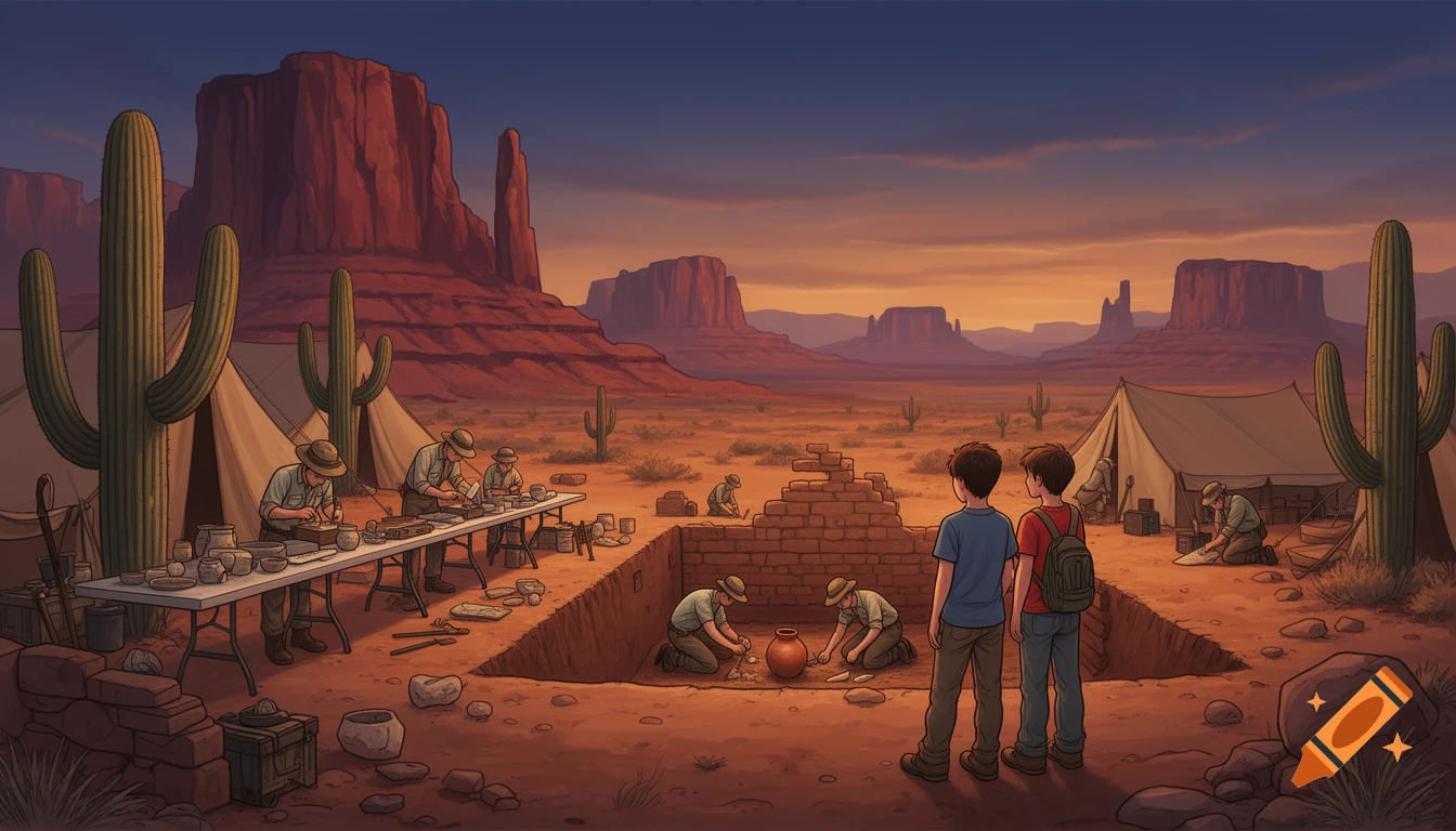 Digital illustration of an archaeological dig in a desert. Workers process artifacts and excavate near two boys with red rock mesas and saguaro cacti at sunset.