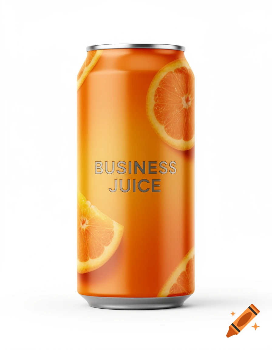 A tall, orange soda can with sliced oranges on the sides and 'BUSINESS JUICE' printed vertically on the front, set against a white background.
