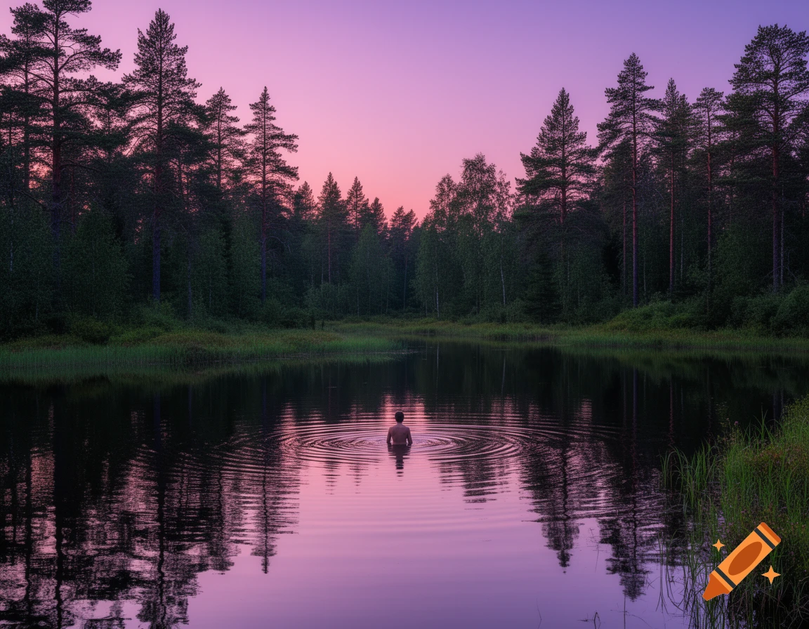 Person standing in a still lake at sunset, surrounded by a dark forest, with vibrant pink and purple sky.