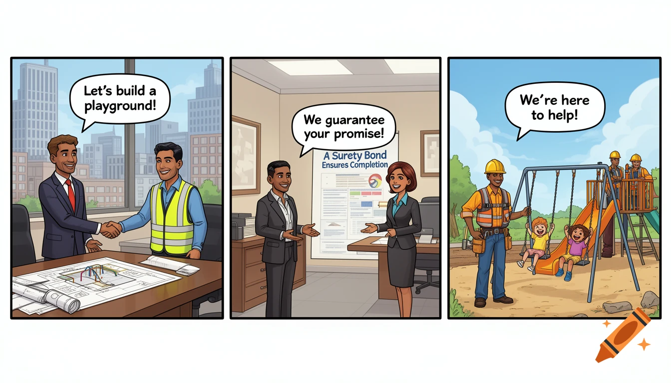 A 3-panel comic strip depicts a city manager and contractor planning a playground, a surety bond explanation, and the completed playground with children.
