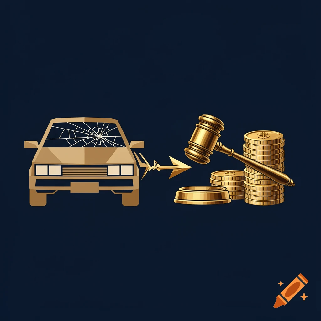 A gold symbolic image showing a car with a cracked windshield, a broken arrow, a judge's gavel, and a stack of gold coins on a dark blue background in a heraldic art deco style.