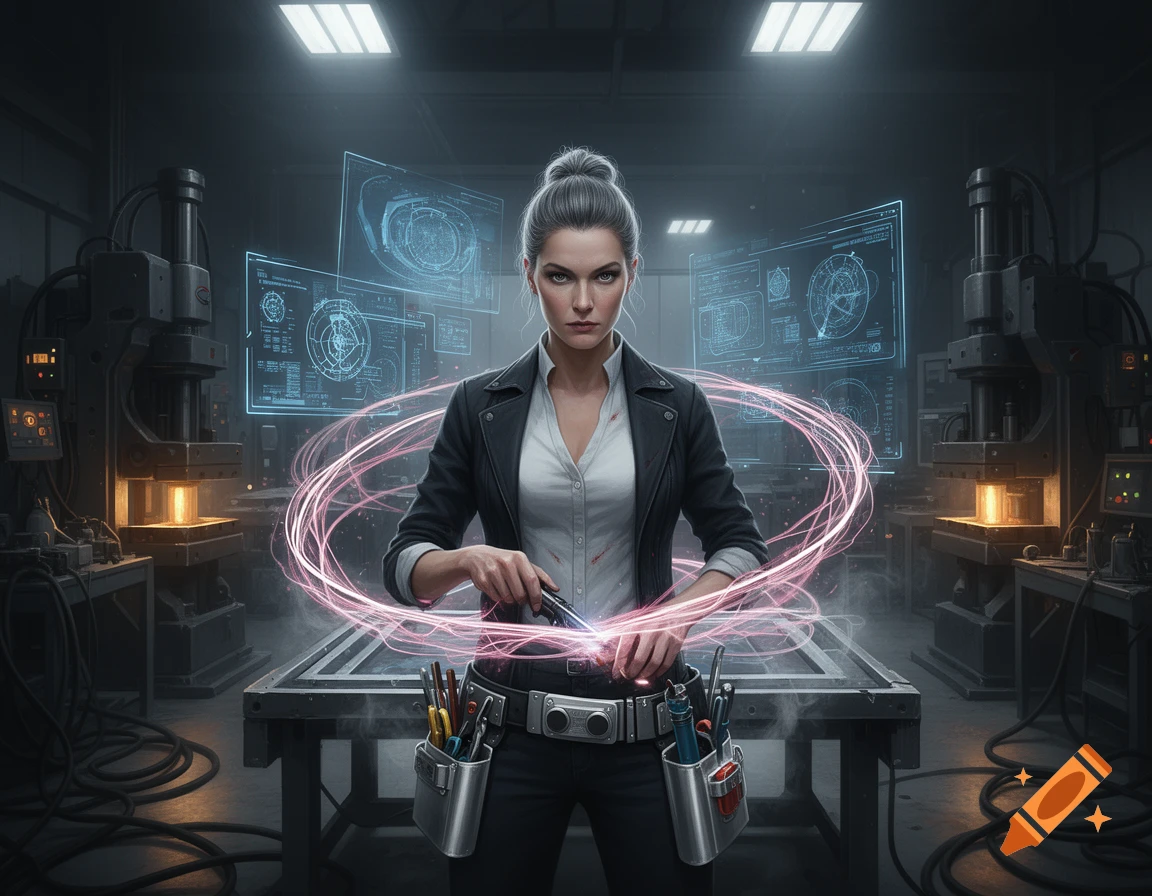 A focused woman in a futuristic workshop surrounded by glowing holographic schematics, holding a tool in a cinematic style.