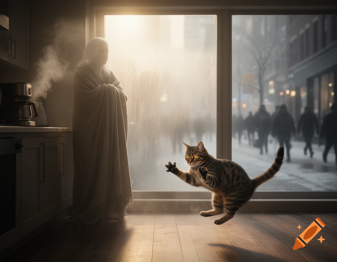 A person in a blanket watches a blurry city street from a kitchen window, while a tabby cat floats in mid-air indoors.