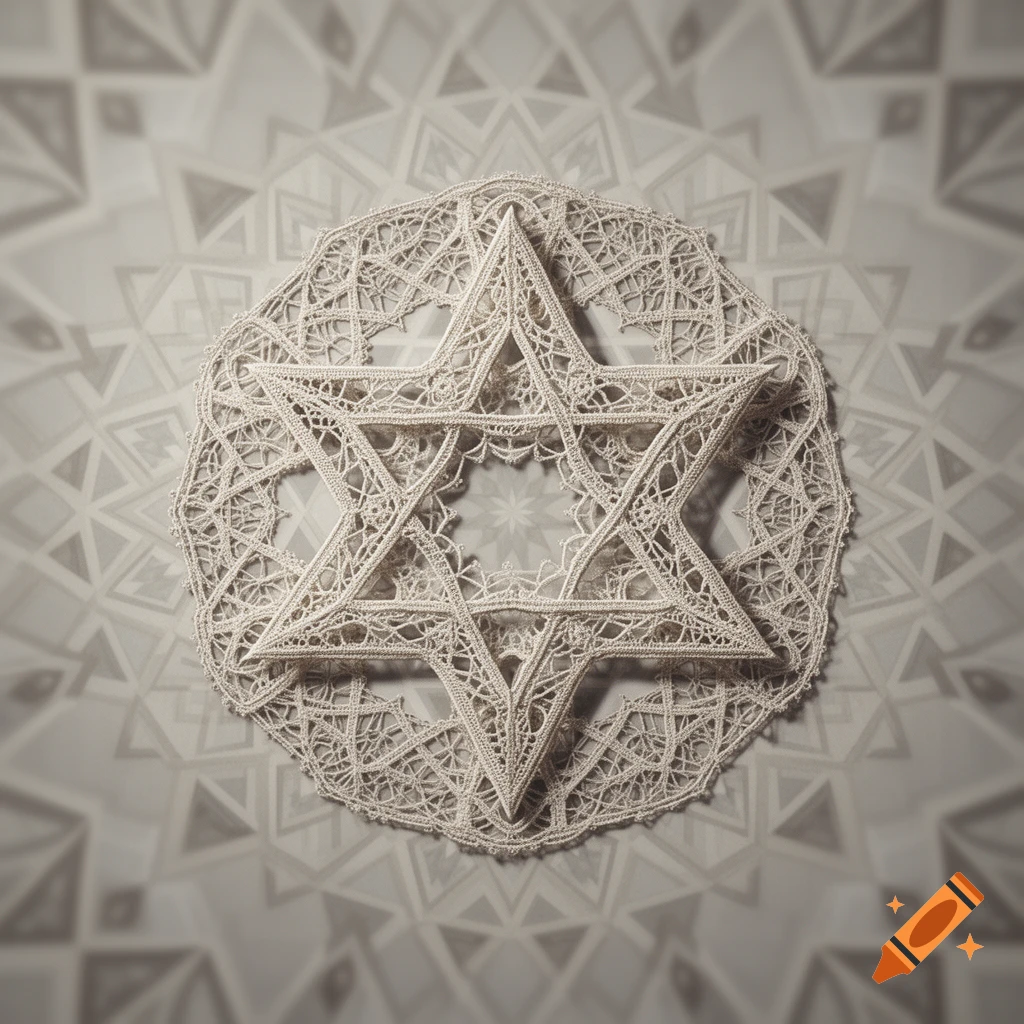 A beige-colored lace septagram lies on a decorative surface with a blurred geometric pattern, creating a symmetrical design.