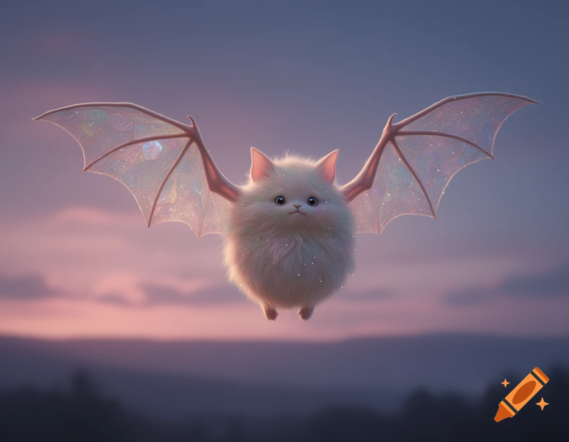 A fluffy white creature with big eyes and glittery iridescent bat wings flies against a pastel twilight sky.