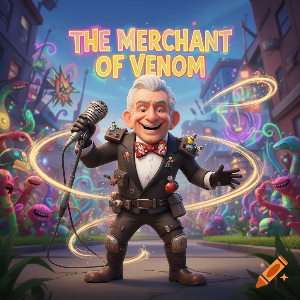 Cartoon Don Rickles in a suit with gadgets and microphone amidst colorful monsters on a vibrant street with 'THE MERCHANT OF VENOM' text.