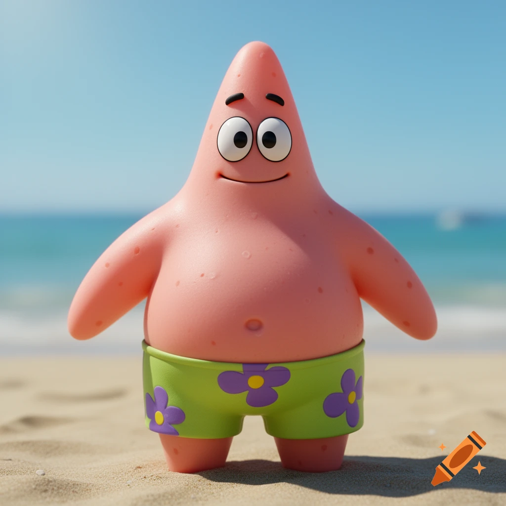 A 3D rendered image of Patrick Star standing on a sunny beach, wearing green shorts with purple flowers.