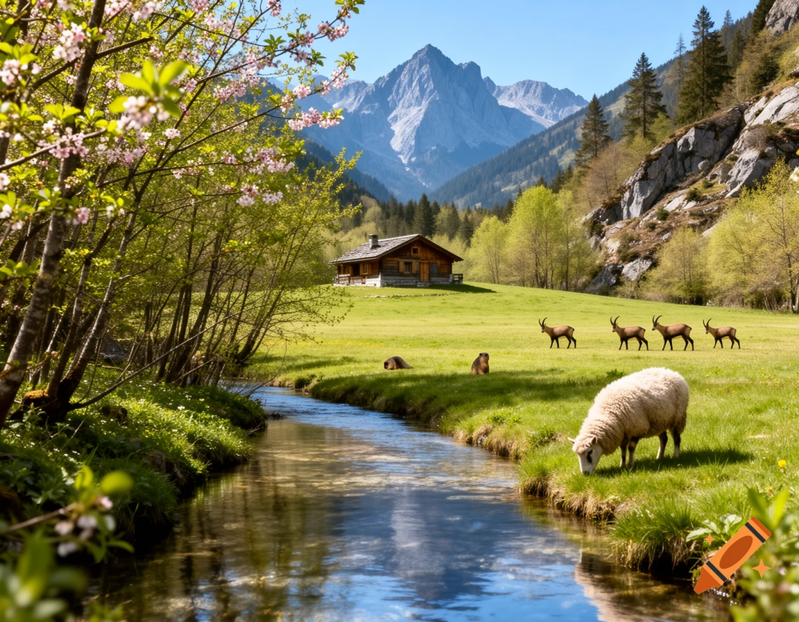 A serene mountain landscape in spring with a clear stream, a sheep grazing, a wooden cabin, ibex, and marmots on a green meadow.