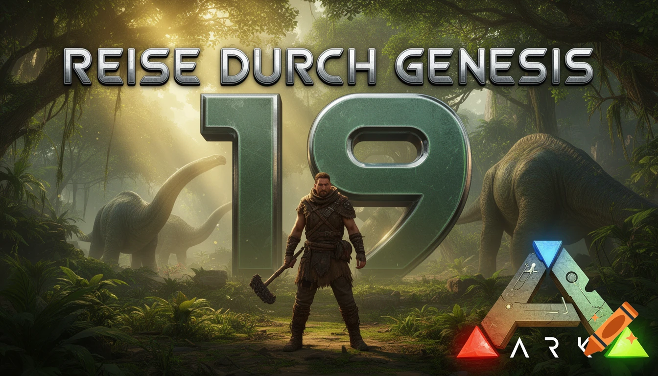 A man with a hammer in a jungle with dinosaurs and large '19' numbers, with 'REISE DURCH GENESIS' text and 'ARK' logo.