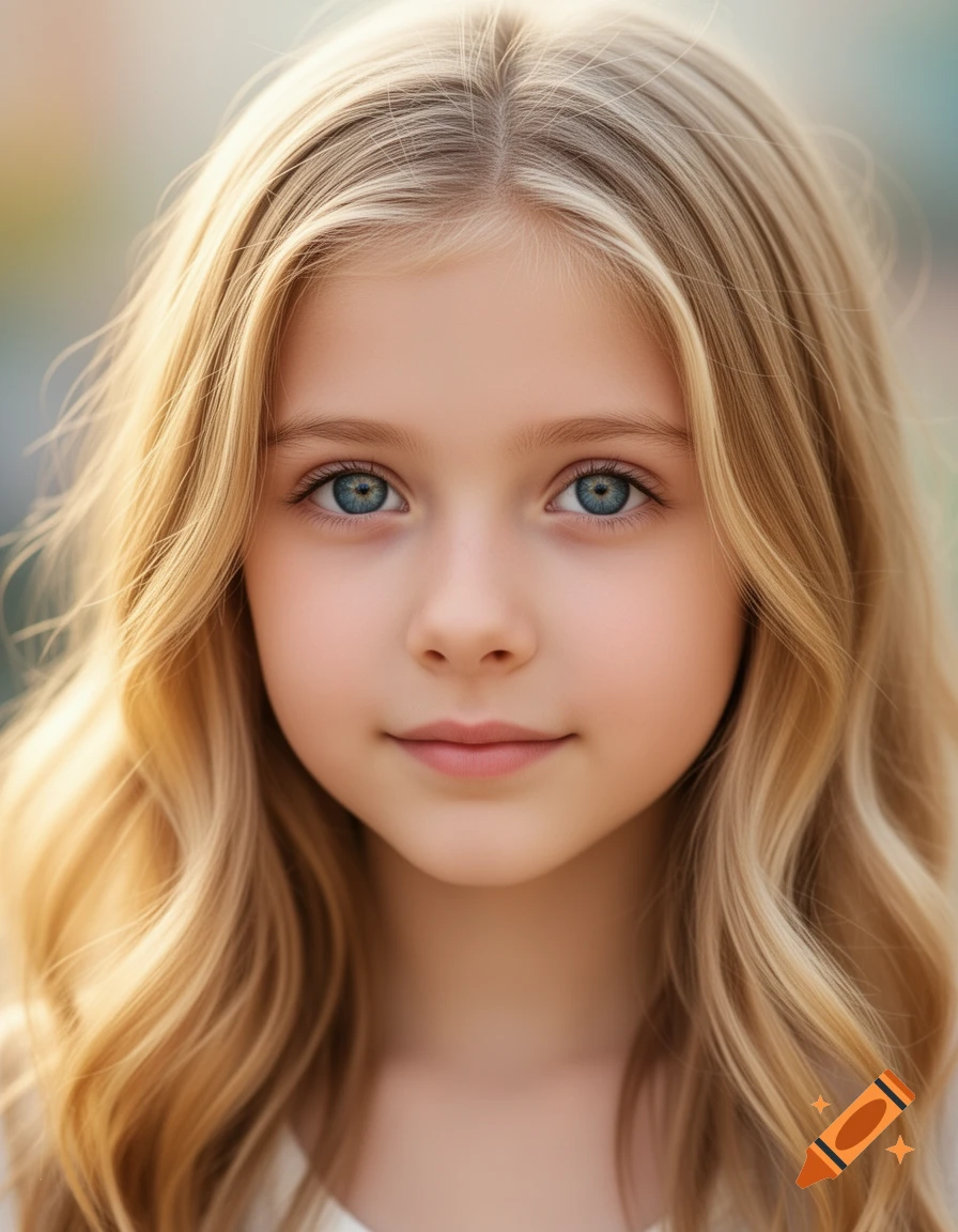 Close-up realistic portrait of a young girl with long wavy blond hair and striking blue eyes.