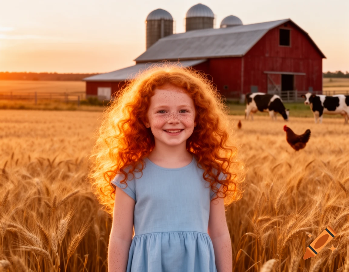 Smiling girl with red curly hair standing in a sunlit wheat field, with a red barn, silos, cows, and chickens in the background at sunset.