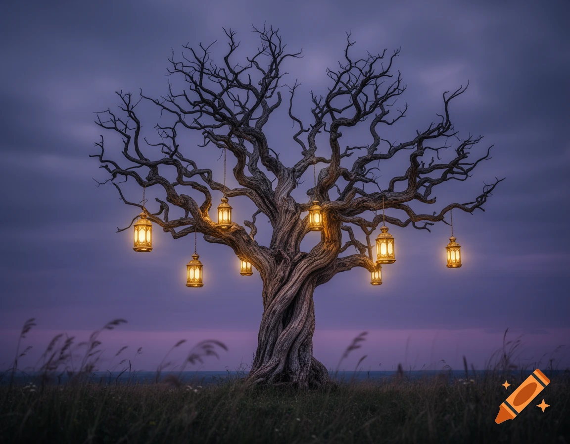 A gnarled, leafless tree stands in a field at twilight, its branches adorned with multiple glowing antique lanterns. A purple sky looms above.