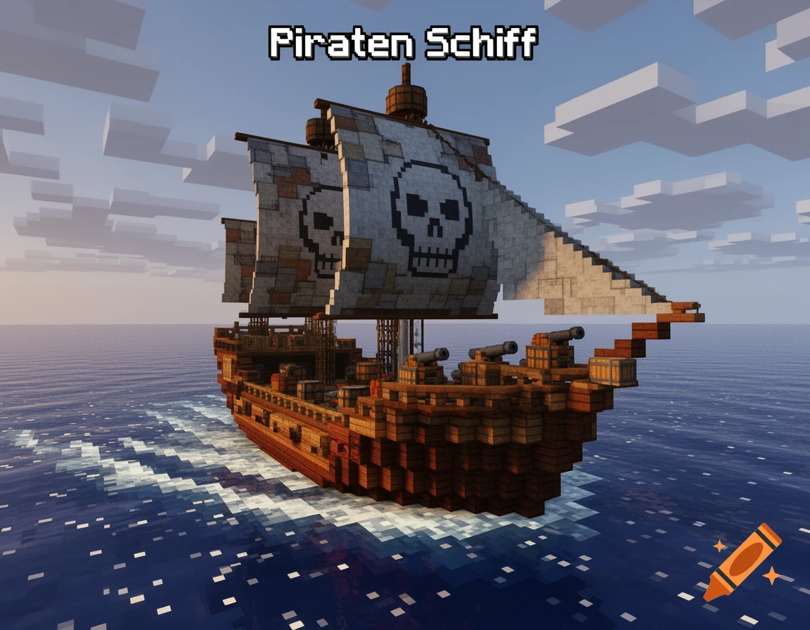 A pixelated Minecraft-style pirate ship with skull sails navigates a blocky blue ocean under a partly cloudy sky.