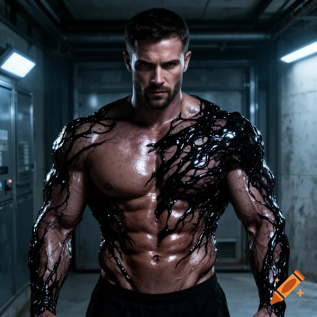 A muscular man with a dark beard and short hair, partially covered in glossy black goo, stands in a dimly lit industrial corridor.