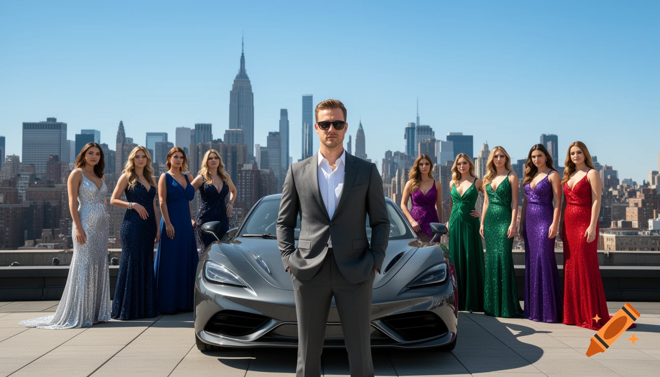 A man in a suit stands in front of a sports car, flanked by eight women in sparkling gowns, on a rooftop overlooking a city skyline.