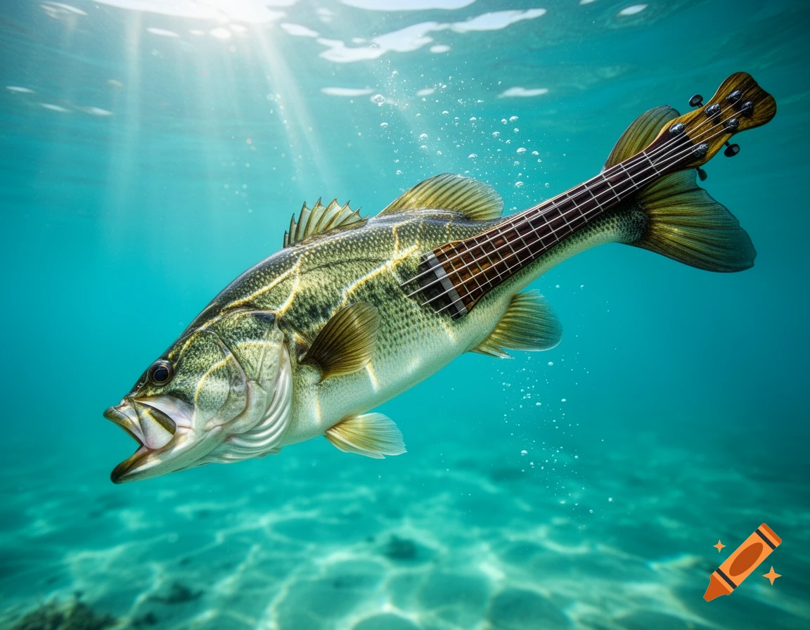 Photorealistic image of a largemouth bass fish with a bass guitar neck and headstock extending from its tail, swimming in clear ocean water.