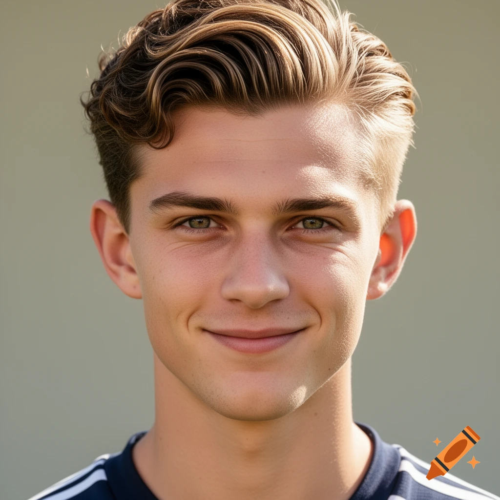 Close-up portrait of a young man with wavy blonde hair, green eyes, and a subtle smile, wearing a dark striped top.