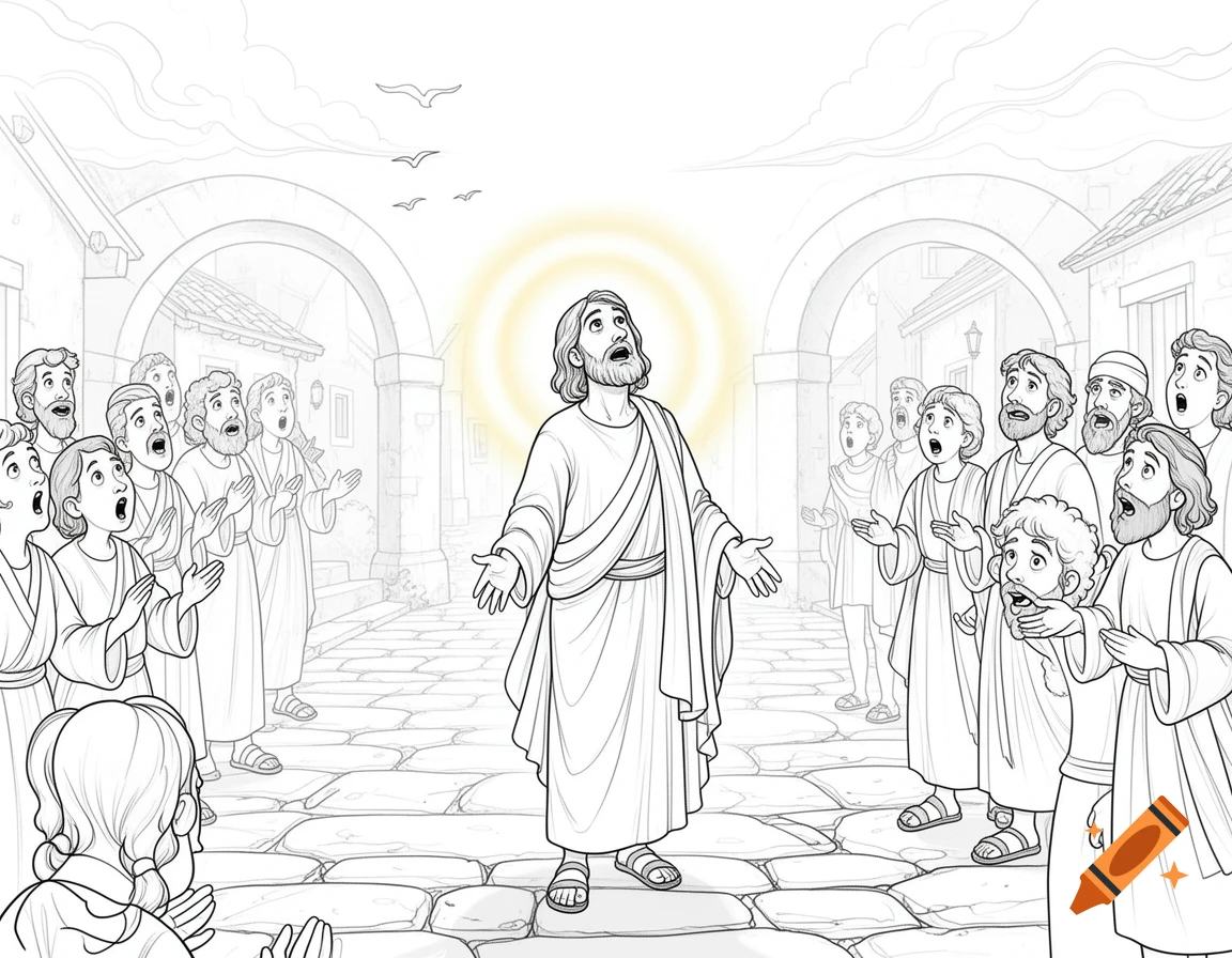 Black and white line art coloring page depicting Jesus with a glowing halo, looking up, surrounded by an awestruck crowd in an ancient town setting.