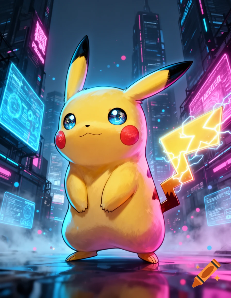 A cute Pikachu with glowing blue eyes stands in a futuristic cyberpunk city with neon lights and tall buildings.