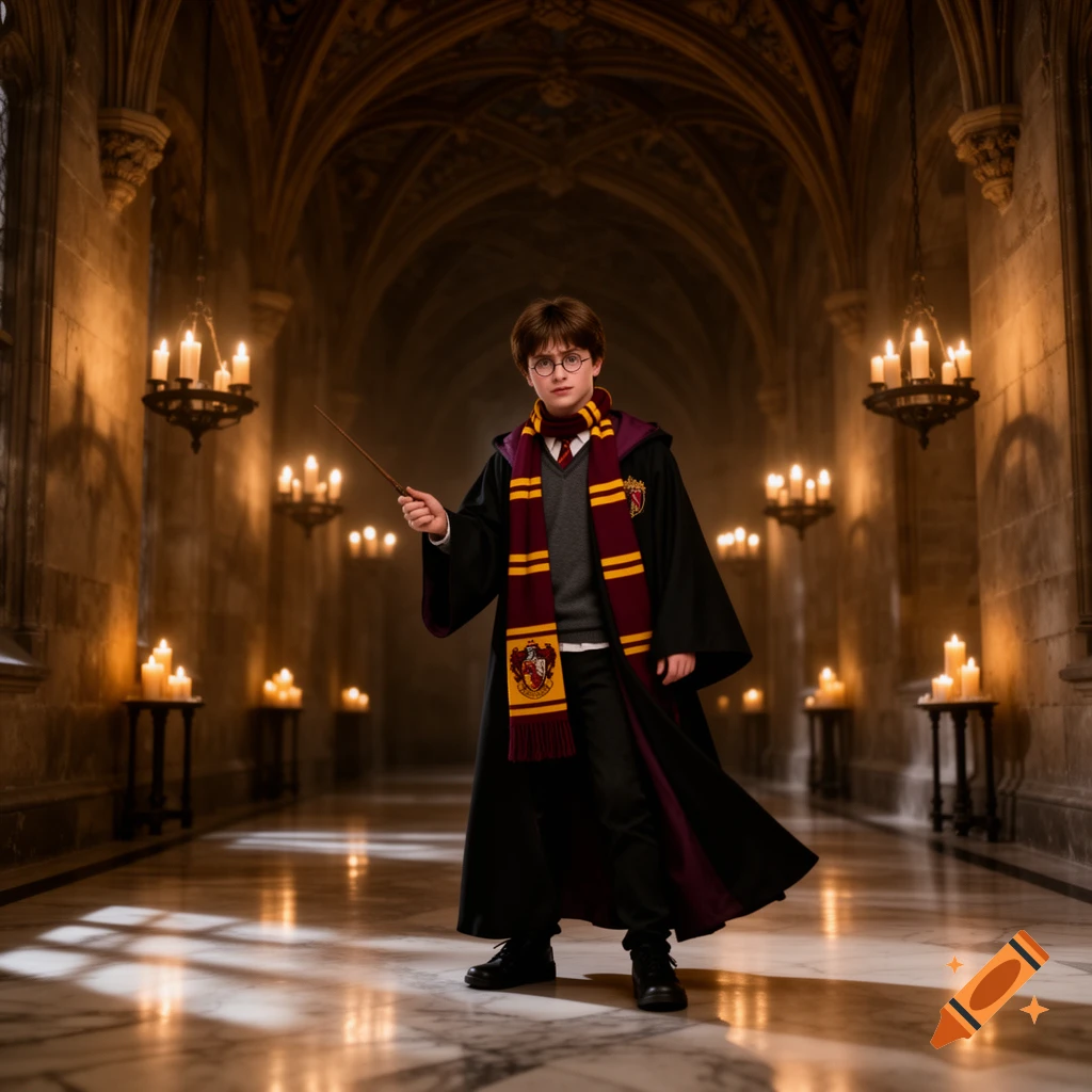 A young boy dressed as Harry Potter, with glasses and a wand, stands in a candlelit stone hallway.
