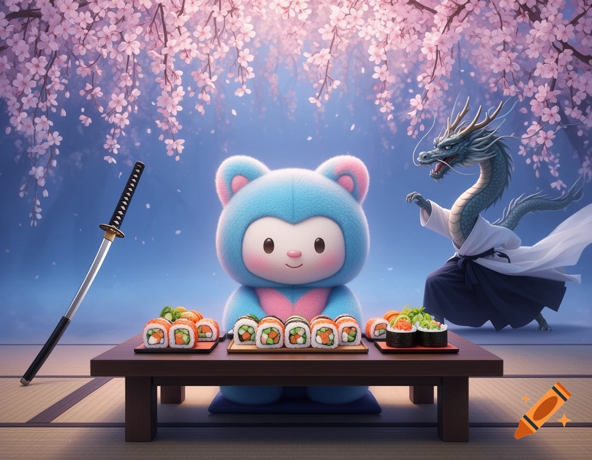 A cute blue and pink character sits at a table with sushi under cherry blossoms, with a katana and a dragon nearby.