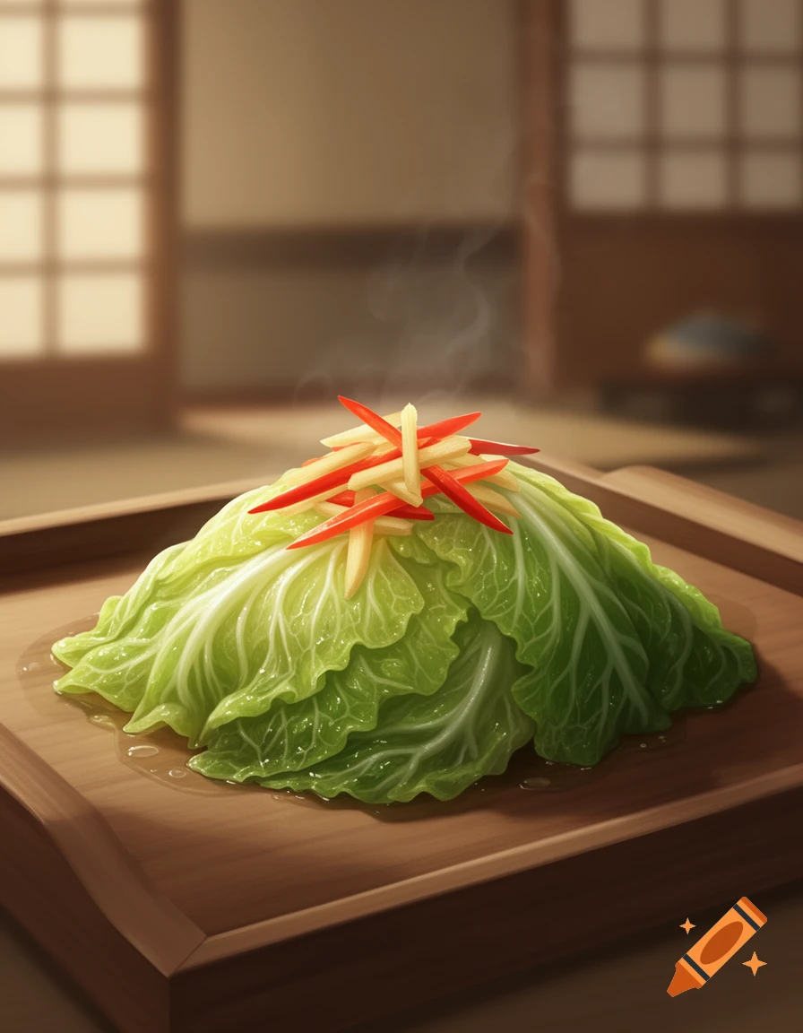 Steaming green cabbage topped with red pepper and yellow ginger strips on a wooden tray in a blurred traditional Japanese room.