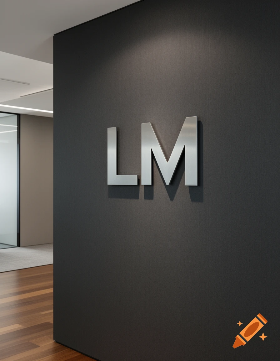 Metallic letters 'LM' on a dark gray wall in a modern office hallway with wooden floors and glass partitions.
