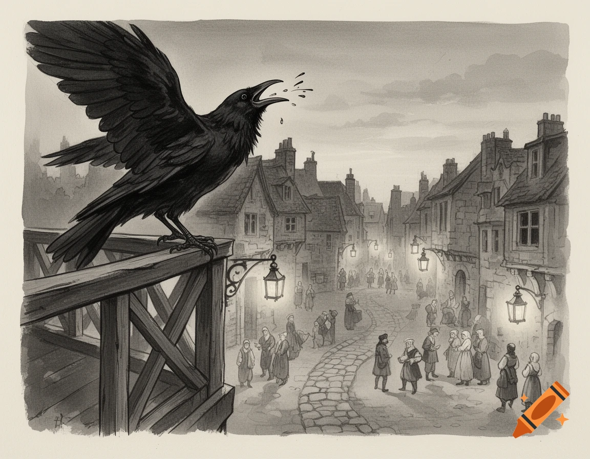 Black and white ink illustration of a large raven cawing loudly from a balcony overlooking a bustling medieval village square.