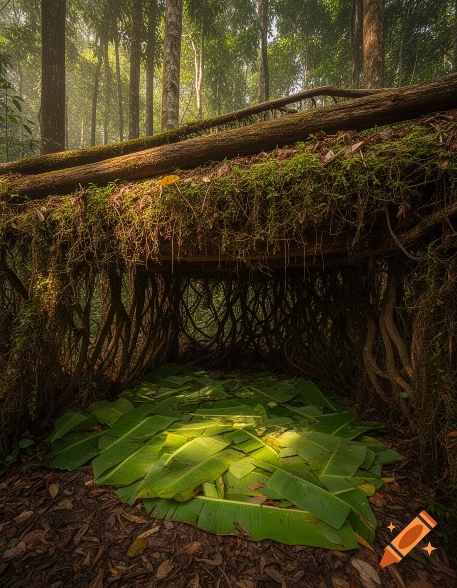 A photorealistic den in a dense forest, featuring a mossy, vined log roof and a floor layered with green banana leaves.