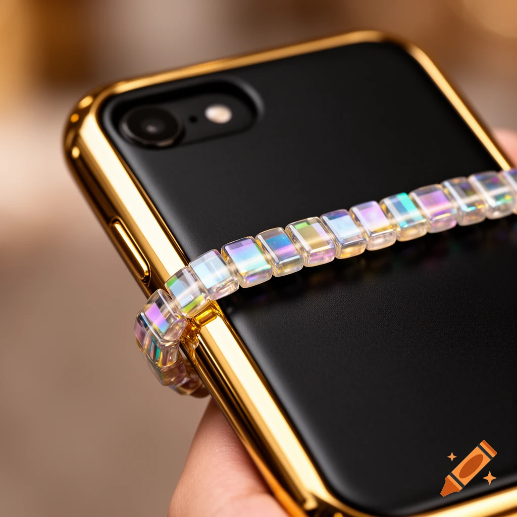 Close-up of a black smartphone with a gold case, featuring an iridescent clear beaded phone strap.