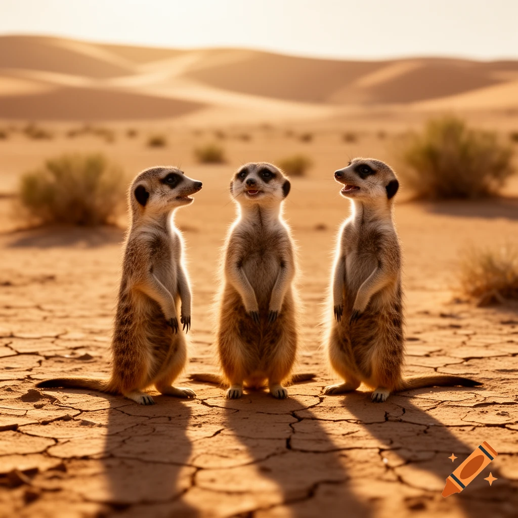 Three photorealistic meerkats stand upright on cracked desert ground, bathed in warm light from the setting sun over distant sand dunes.