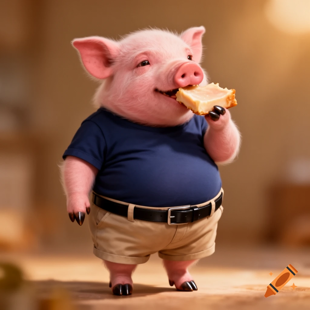 A semi-realistic anthropomorphic pig in a blue t-shirt, beige shorts, and a black belt smiles while eating a piece of food.