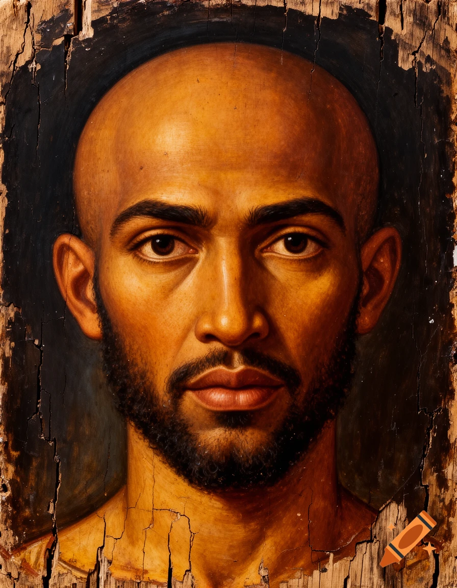 Fayum encaustic portrait of a bald North African man with a short beard and intense eyes, framed by cracked wood.