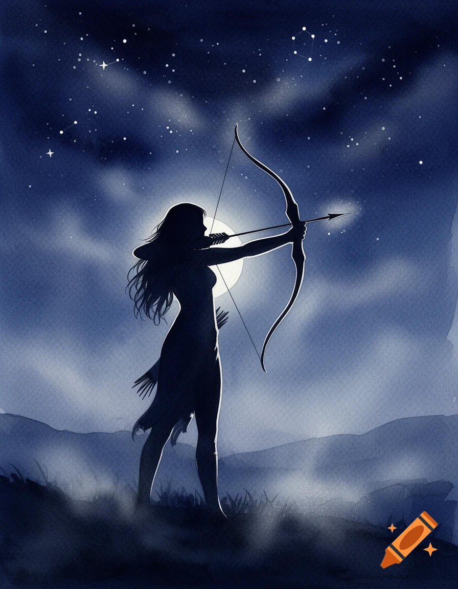 Watercolor silhouette of an archer aiming an arrow at a star-filled night sky with a full moon over misty hills.
