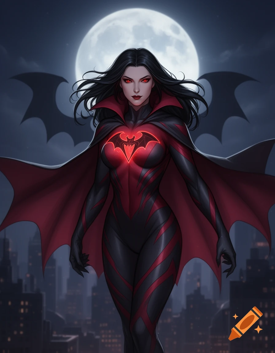 Superhero vampire woman with red eyes, black hair, and a red and black suit with a glowing bat logo and cape, stands before a full moon and city skyline, digital art.