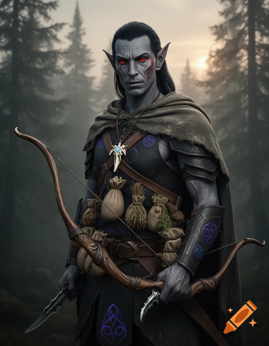 A dark elf ranger with ash-gray skin, red eyes, and scars, wearing dark leather armor and a cloak, holding a hunting bow and dagger in a misty pine forest.