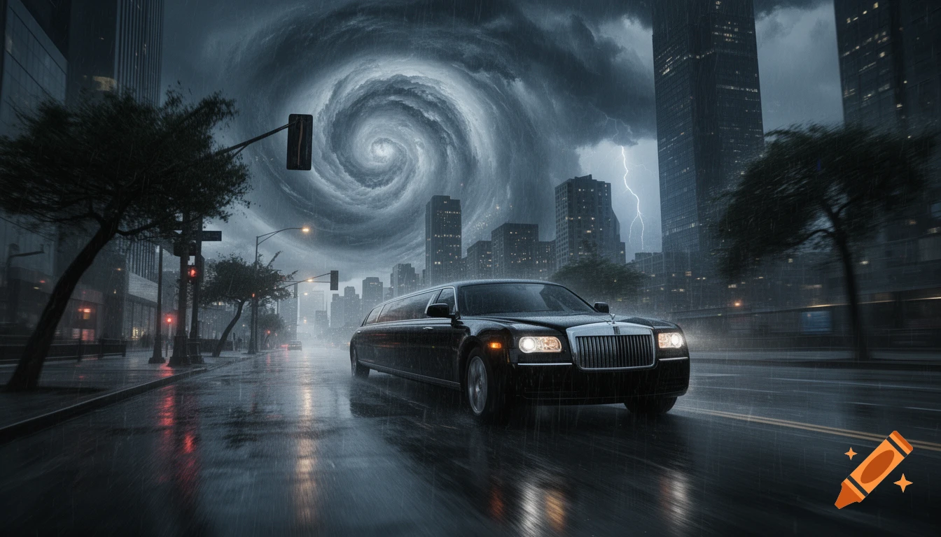 A black luxury limousine drives through a modern city street during a severe hurricane with heavy rain, lightning, and swirling clouds.