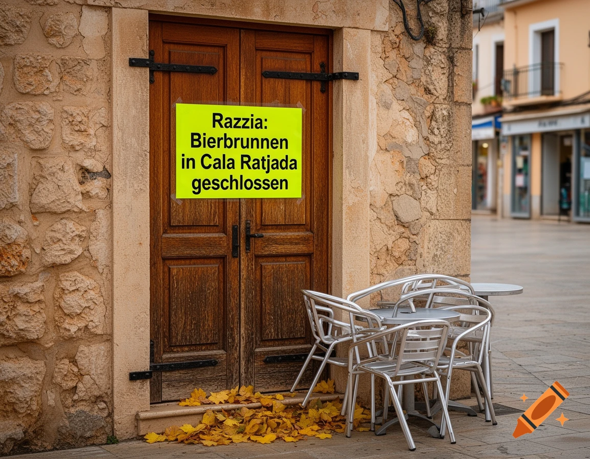 A yellow sign on a brown wooden door with German text, 'Razzia: Bierbrunnen in Cala Ratjada geschlossen'. Fall leaves and metal chairs are below.